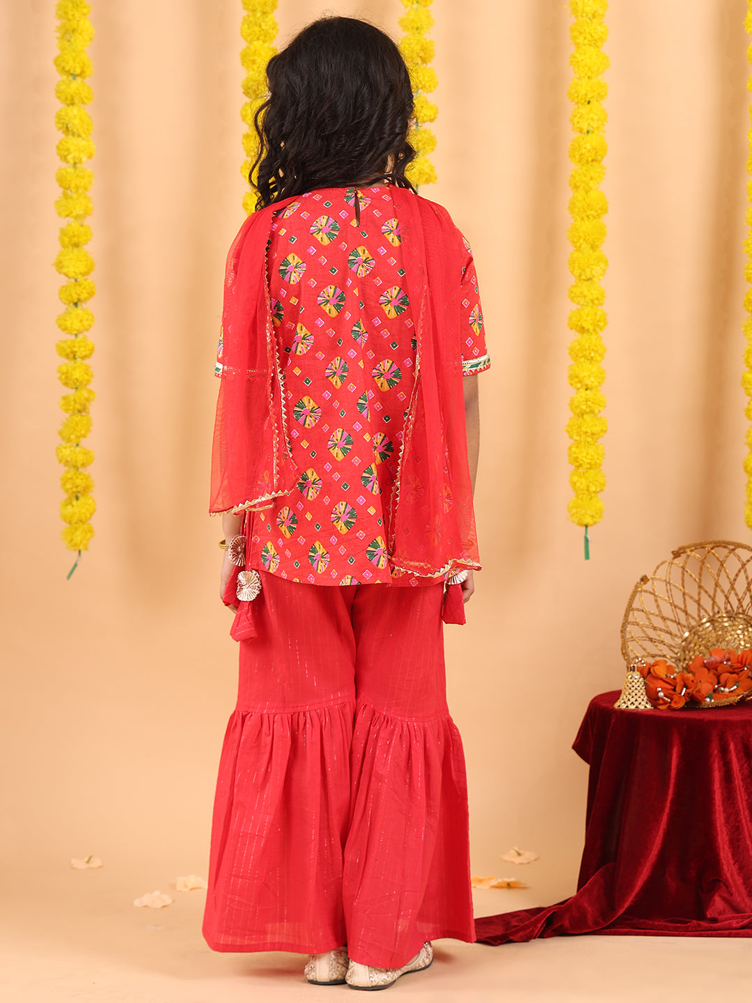 Red 3/4 sleeves printed Kurti with red Sharara pant and dupatta