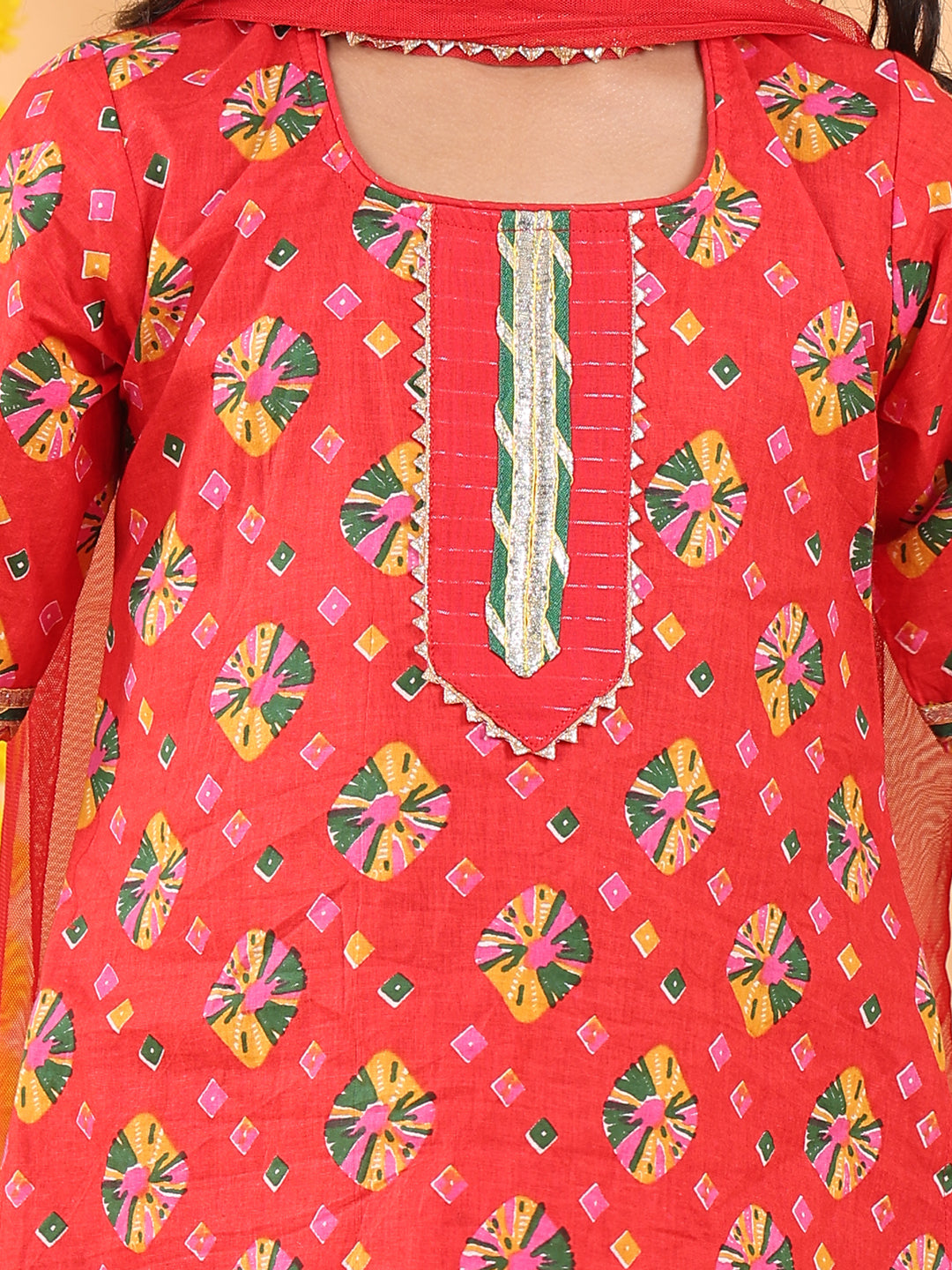 Red 3/4 sleeves printed Kurti with red Sharara pant and dupatta