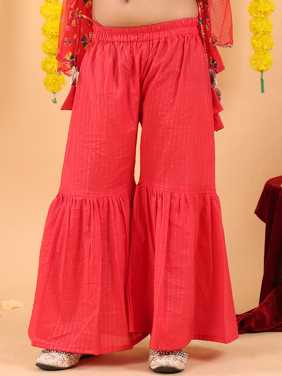 Red 3/4 sleeves printed Kurti with red Sharara pant and dupatta