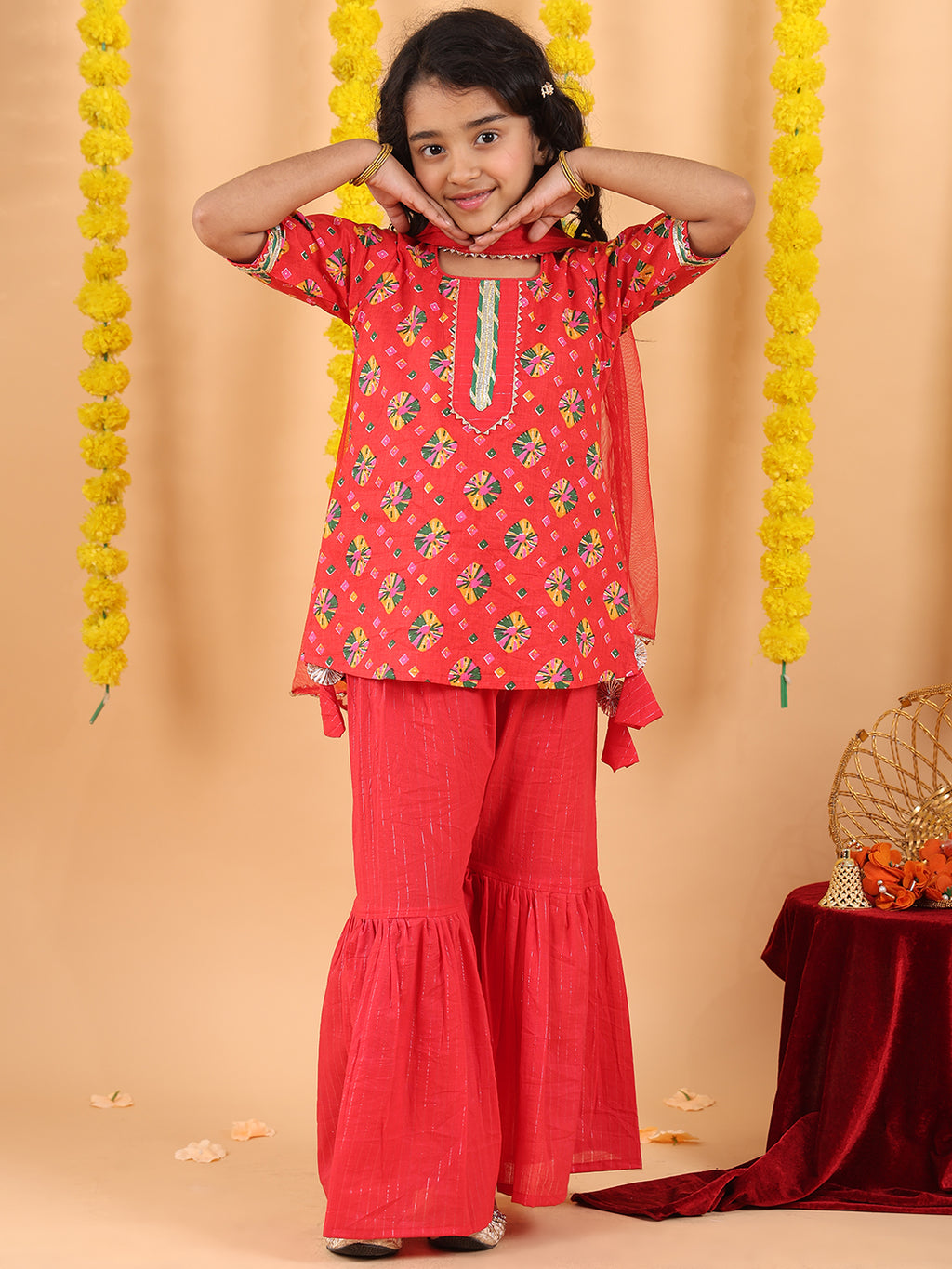 Red 3/4 sleeves printed Kurti with red Sharara pant and dupatta