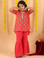 Red 3/4 sleeves printed Kurti with red Sharara pant and dupatta