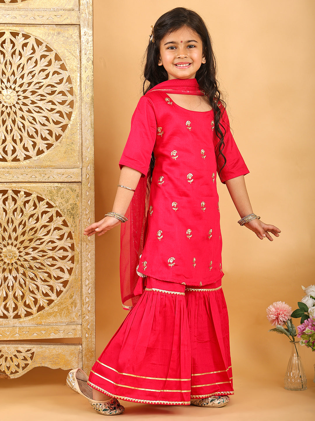 Pink embroidered 3/4 Skeeves kurti with sharara and dupatta