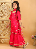 Pink embroidered 3/4 Skeeves kurti with sharara and dupatta