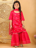 Pink embroidered 3/4 Skeeves kurti with sharara and dupatta