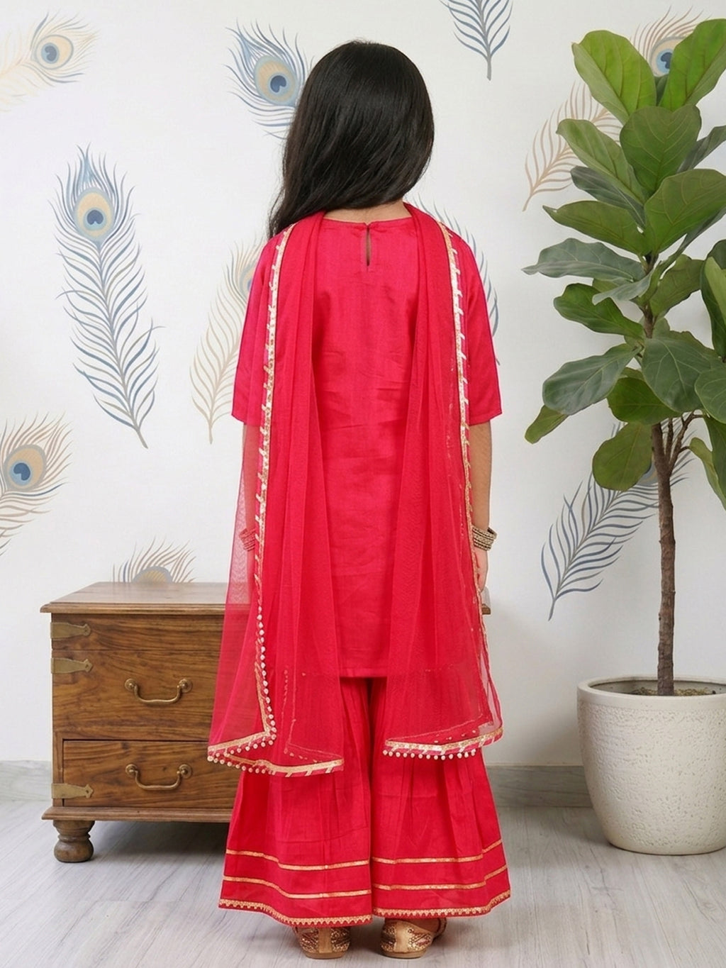 Kinder Kids Pink Floral printed kurti With Pink Sharara and Dupatta