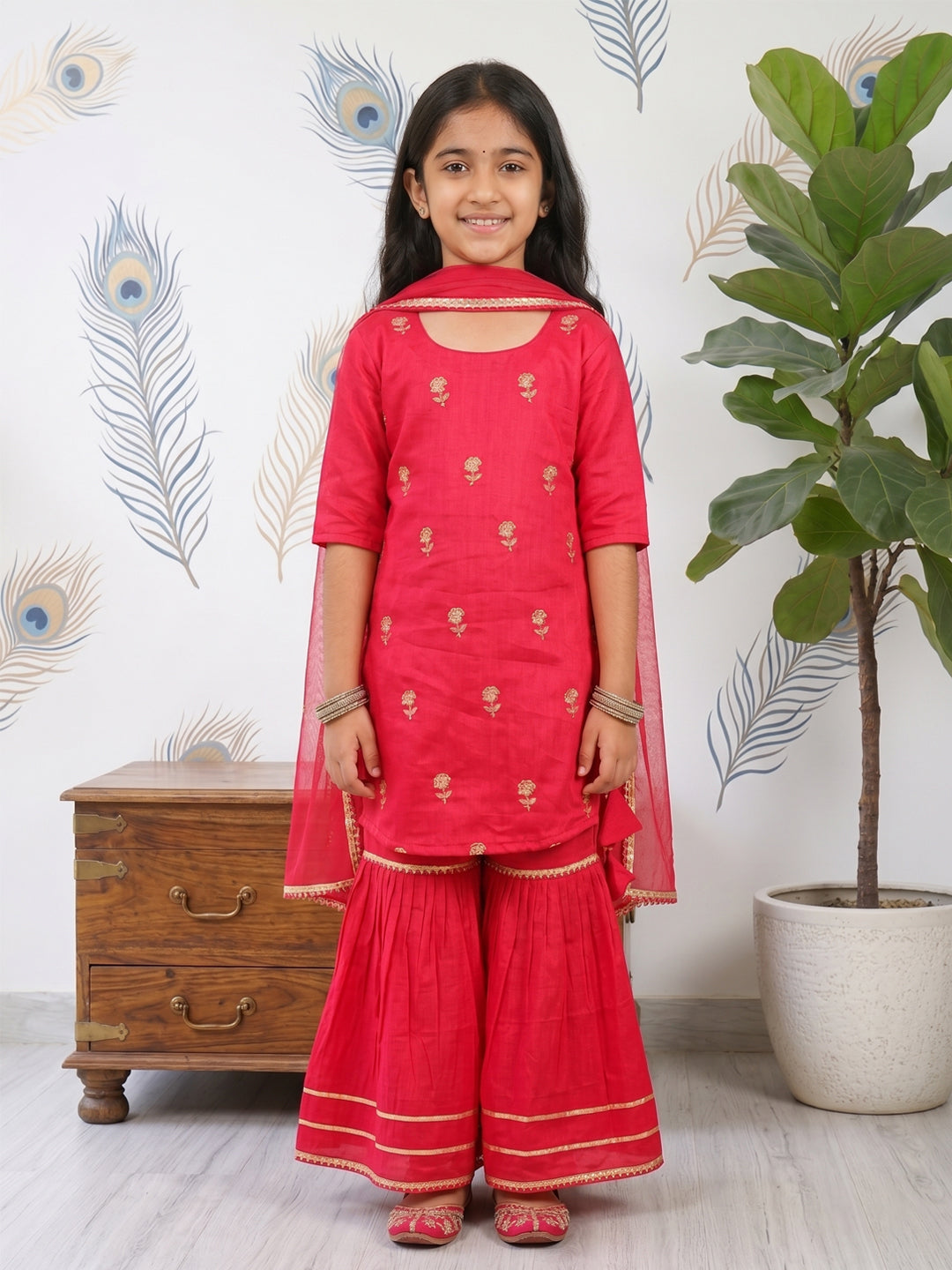 Kinder Kids Pink Floral printed kurti With Pink Sharara and Dupatta