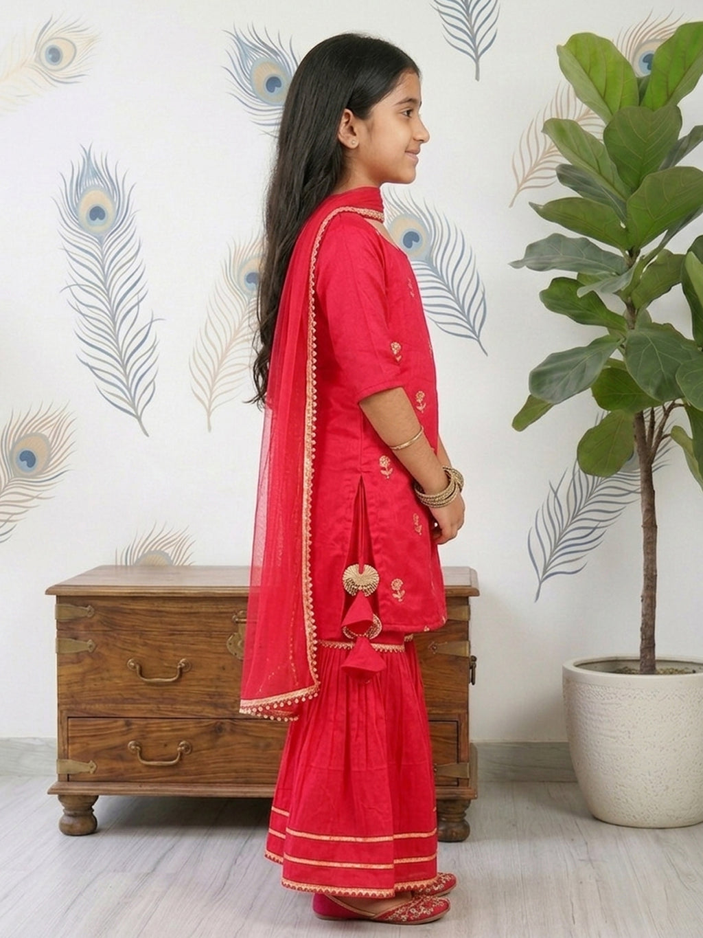 Kinder Kids Pink Floral printed kurti With Pink Sharara and Dupatta