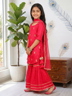 Kinder Kids Pink Floral printed kurti With Pink Sharara and Dupatta