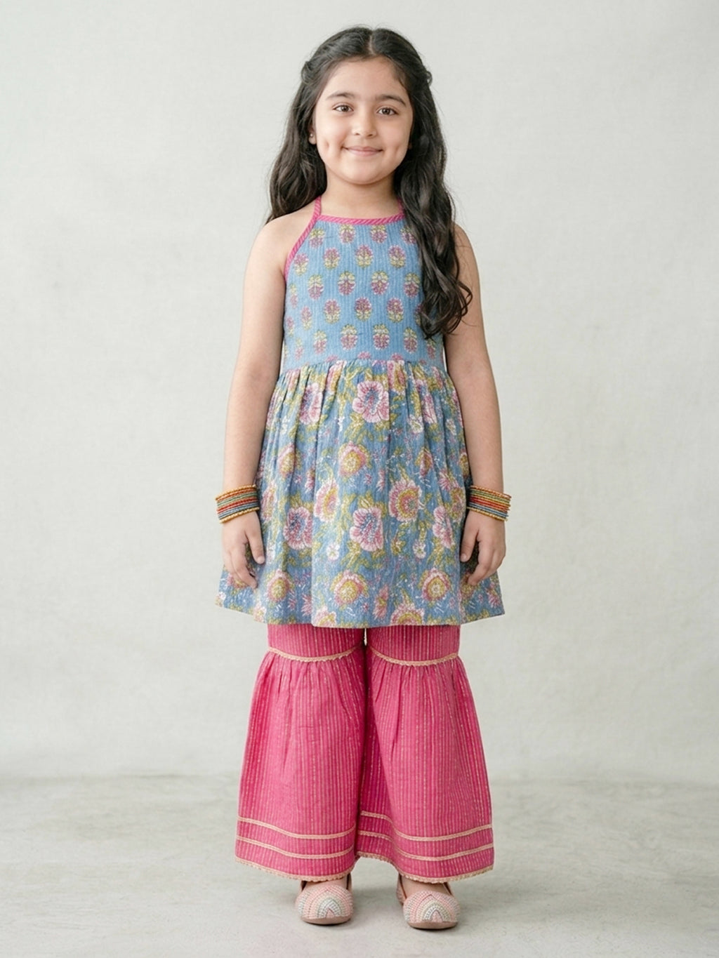 Blue Floral Printed Halter Neck Sleeveless Kurti with pink Sharara