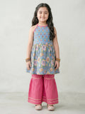 Blue Floral Printed Halter Neck Sleeveless Kurti with pink Sharara