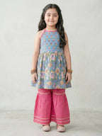 Blue Floral Printed Halter Neck Sleeveless Kurti with pink Sharara