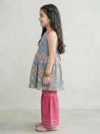 Blue Floral Printed Halter Neck Sleeveless Kurti with pink Sharara