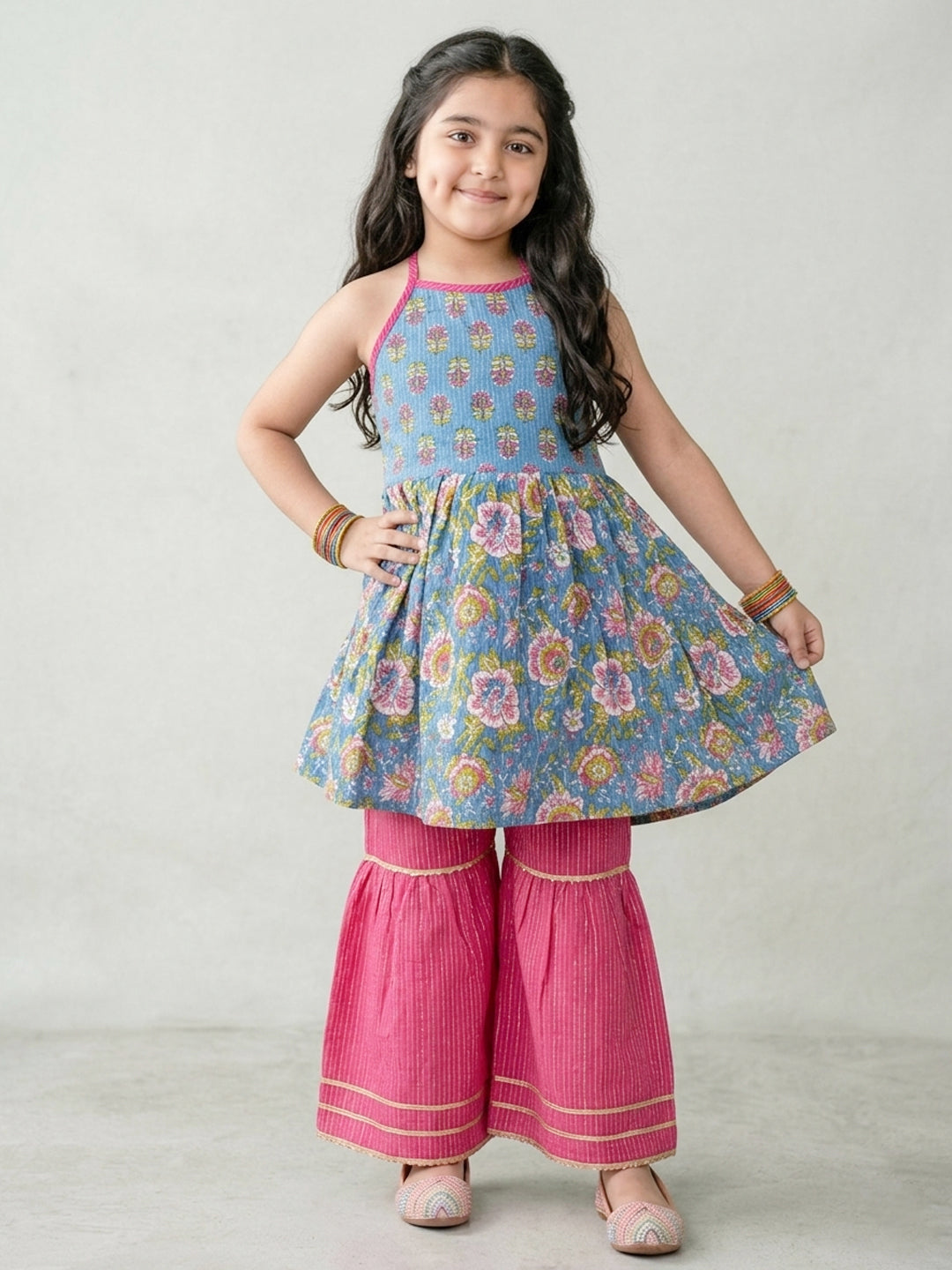 Blue Floral Printed Halter Neck Sleeveless Kurti with pink Sharara