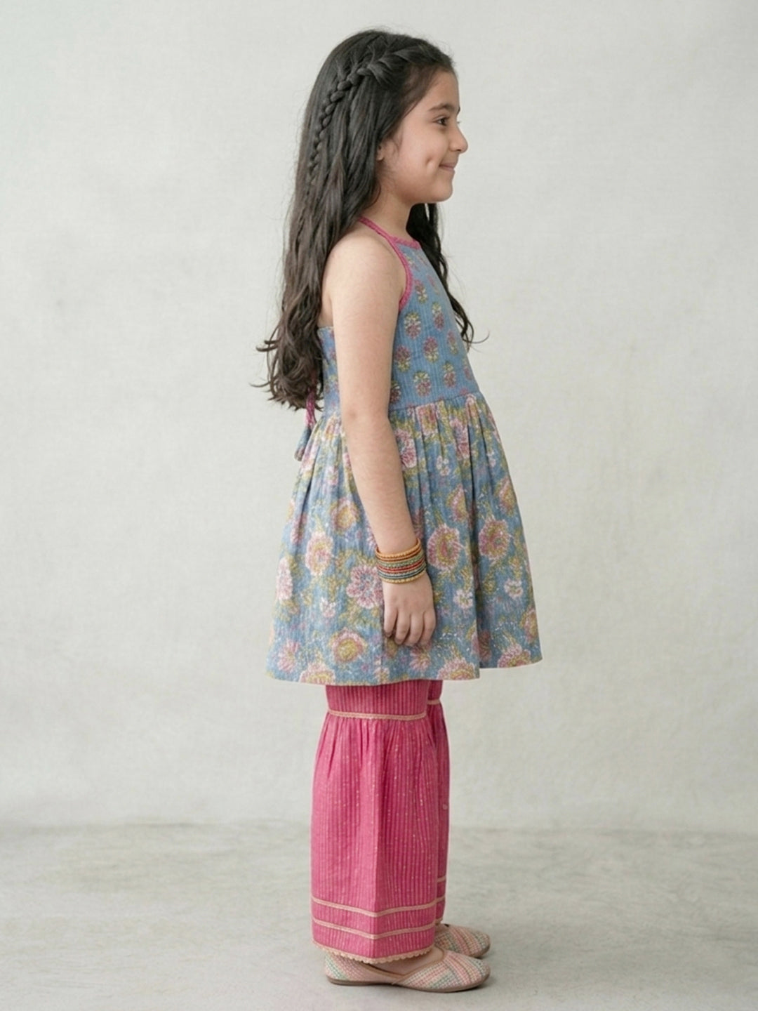 Blue Floral Printed Halter Neck Sleeveless Kurti with pink Sharara