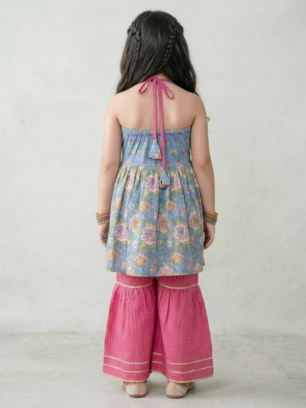 Blue Floral Printed Halter Neck Sleeveless Kurti with pink Sharara