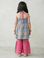 Blue Floral Printed Halter Neck Sleeveless Kurti with pink Sharara