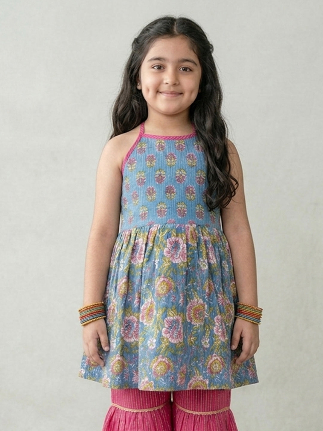 Blue Floral Printed Halter Neck Sleeveless Kurti with pink Sharara