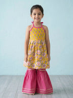 Yellow Floral Printed Halter Neck Sleeveless Kurti with pink Sharara