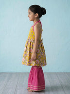 Yellow Floral Printed Halter Neck Sleeveless Kurti with pink Sharara