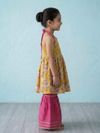 Yellow Floral Printed Halter Neck Sleeveless Kurti with pink Sharara