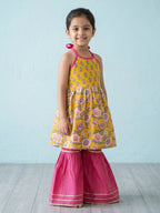Yellow Floral Printed Halter Neck Sleeveless Kurti with pink Sharara