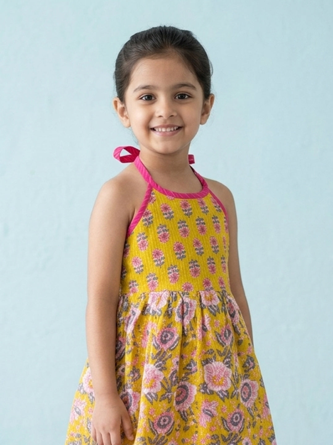Yellow Floral Printed Halter Neck Sleeveless Kurti with pink Sharara