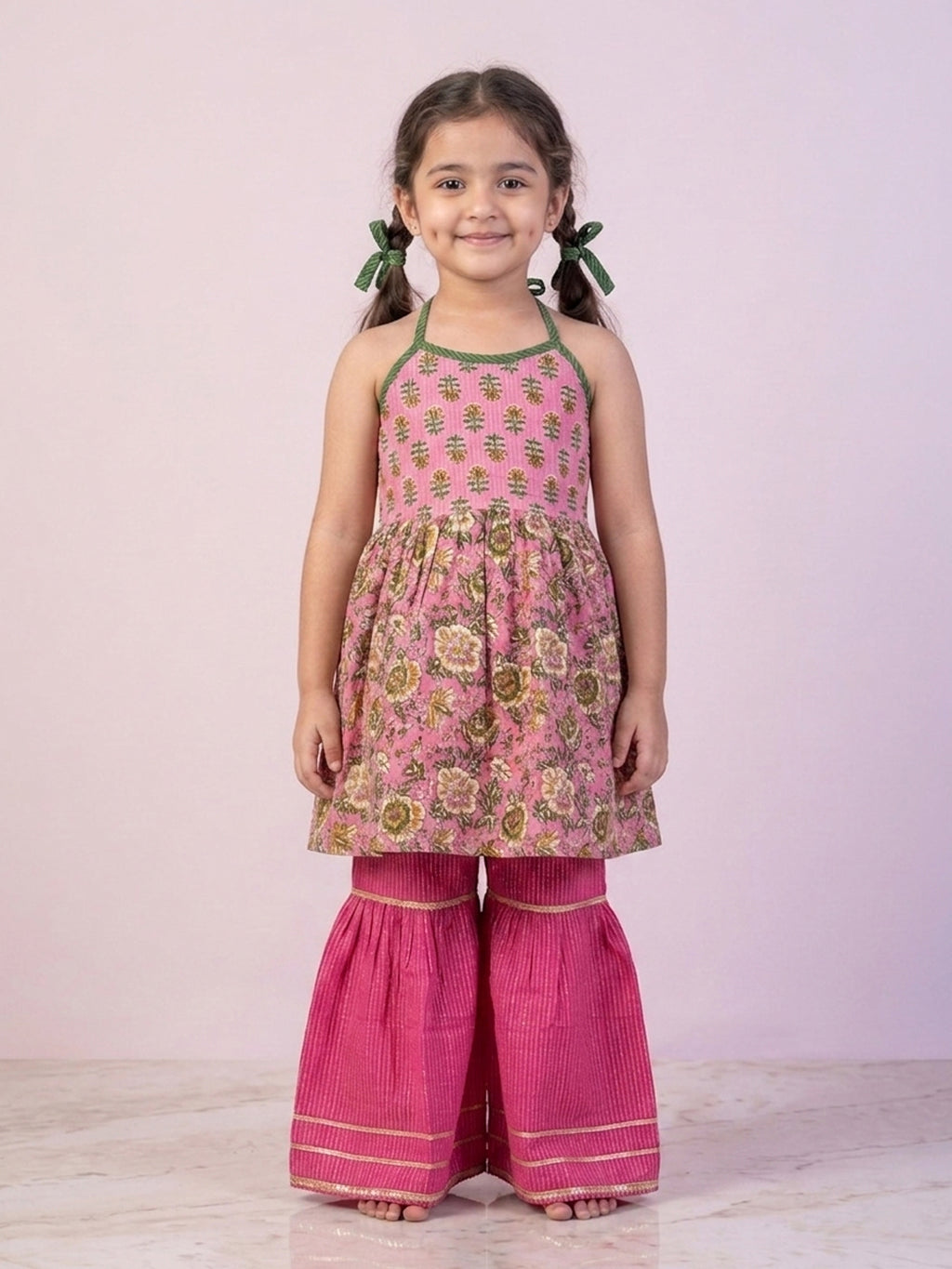 Pink Floral Printed Halter Neck Sleeveless Kurti with pink Sharara
