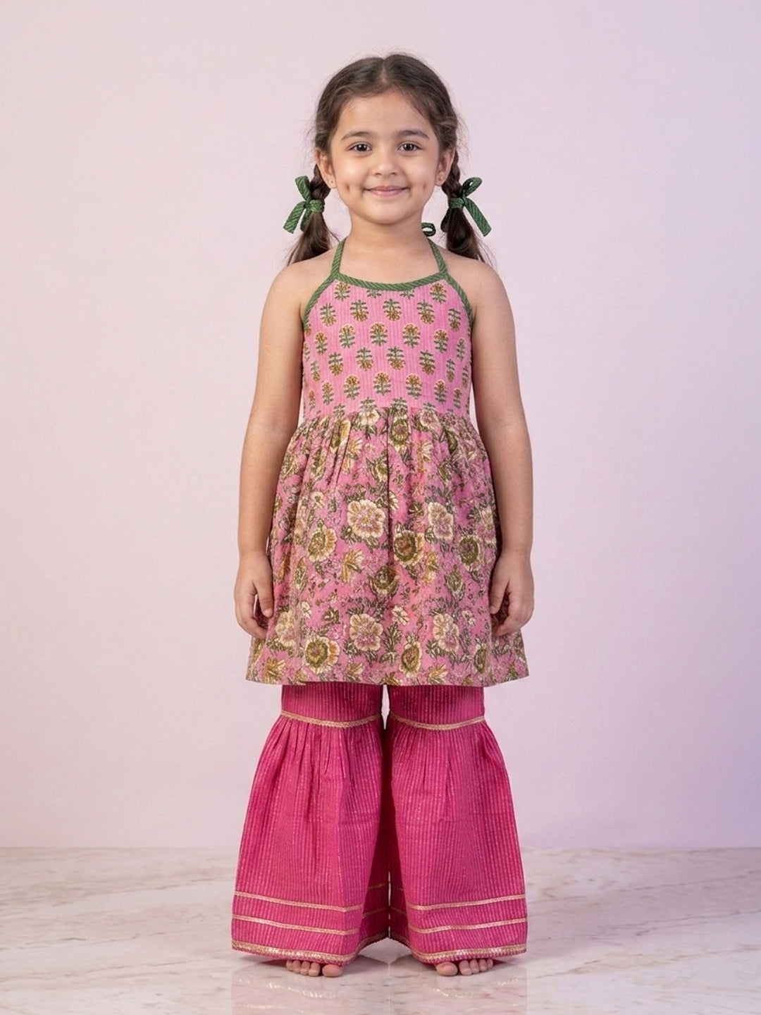 Pink Floral Printed Halter Neck Sleeveless Kurti with pink Sharara