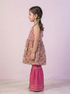 Pink Floral Printed Halter Neck Sleeveless Kurti with pink Sharara