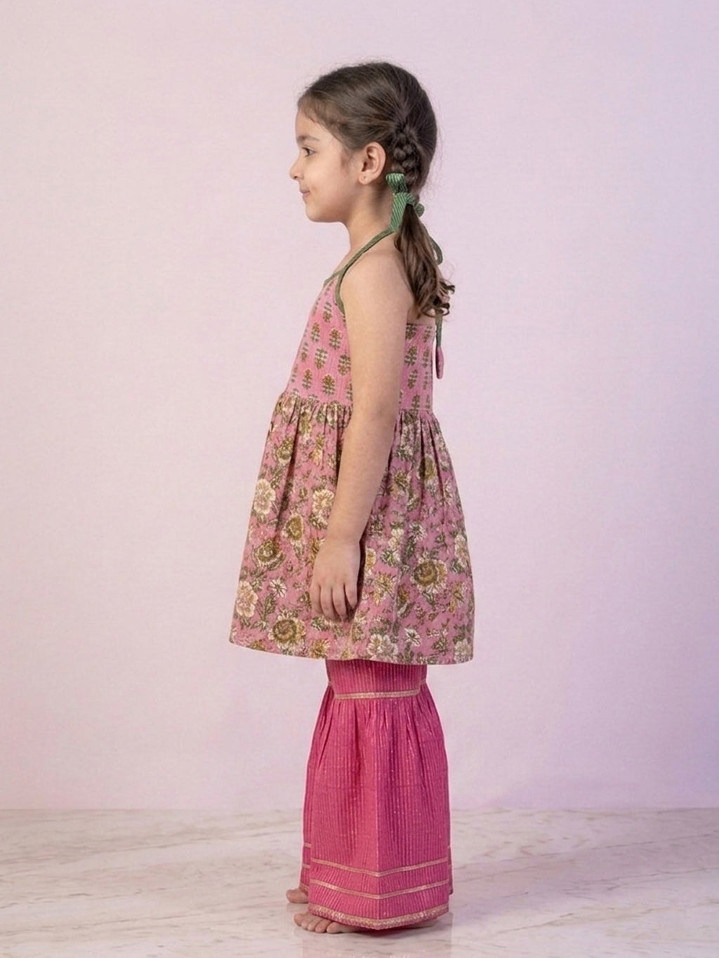 Pink Floral Printed Halter Neck Sleeveless Kurti with pink Sharara