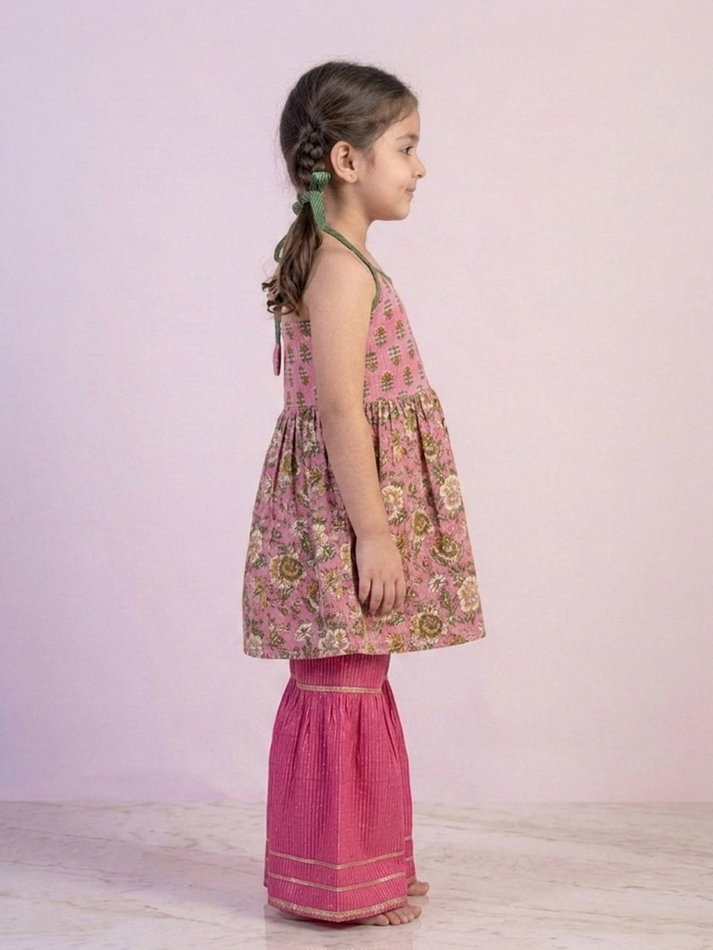 Pink Floral Printed Halter Neck Sleeveless Kurti with pink Sharara