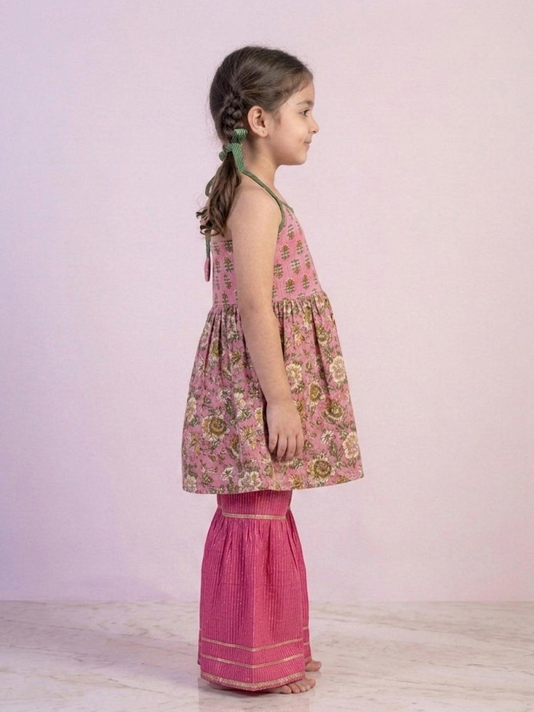 Pink Floral Printed Halter Neck Sleeveless Kurti with pink Sharara