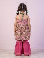 Pink Floral Printed Halter Neck Sleeveless Kurti with pink Sharara