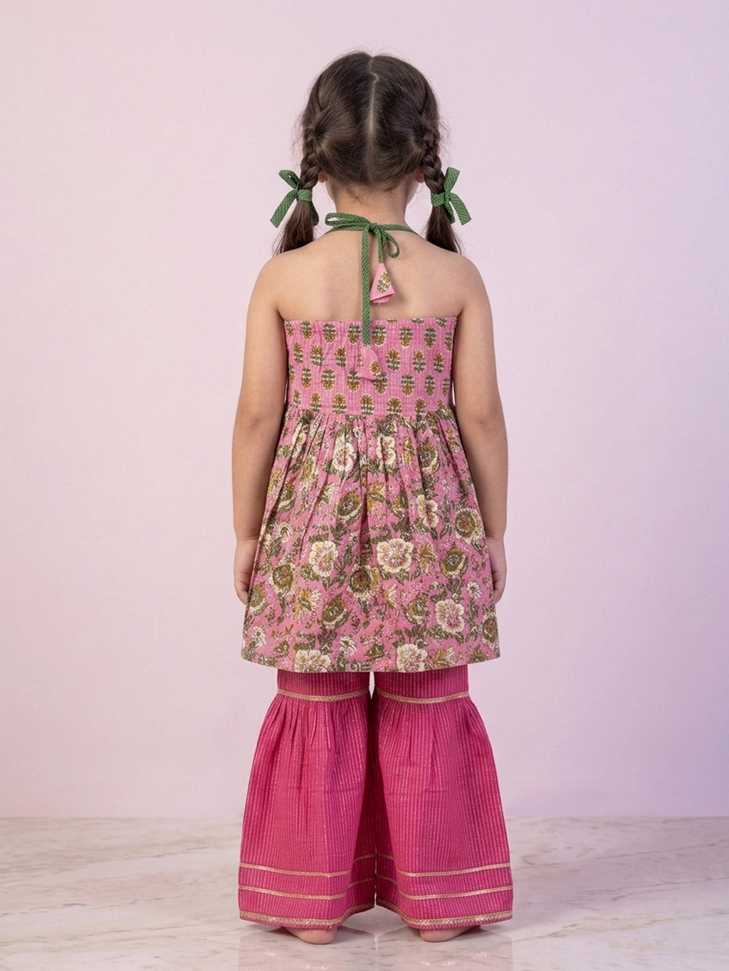 Pink Floral Printed Halter Neck Sleeveless Kurti with pink Sharara