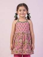 Pink Floral Printed Halter Neck Sleeveless Kurti with pink Sharara