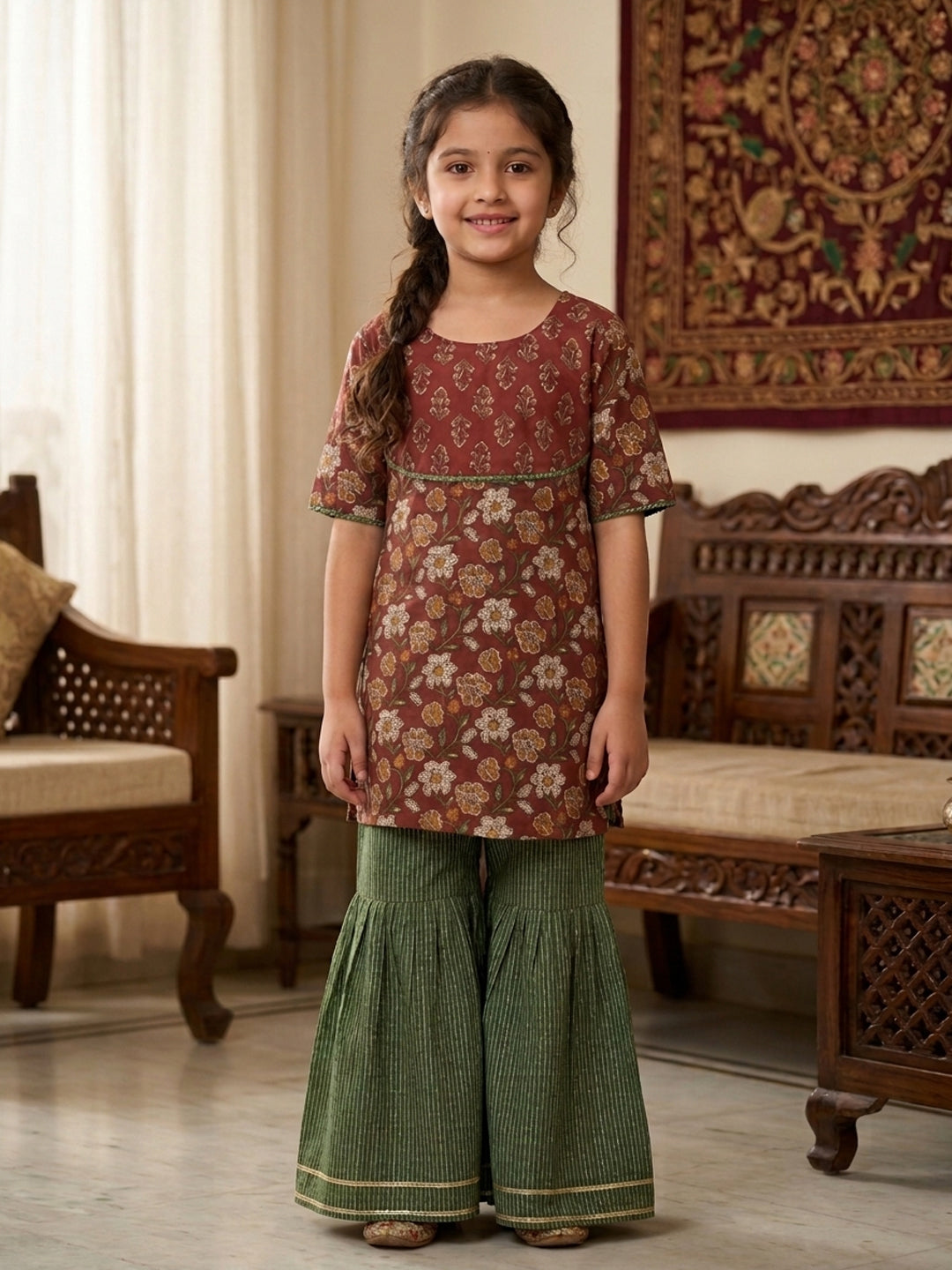 Brown Floral printed 3/4 sleeves Kurti with Green sharara