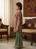 Brown Floral printed 3/4 sleeves Kurti with Green sharara