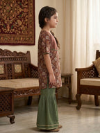 Brown Floral printed 3/4 sleeves Kurti with Green sharara