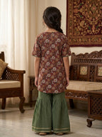 Brown Floral printed 3/4 sleeves Kurti with Green sharara
