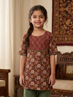 Brown Floral printed 3/4 sleeves Kurti with Green sharara