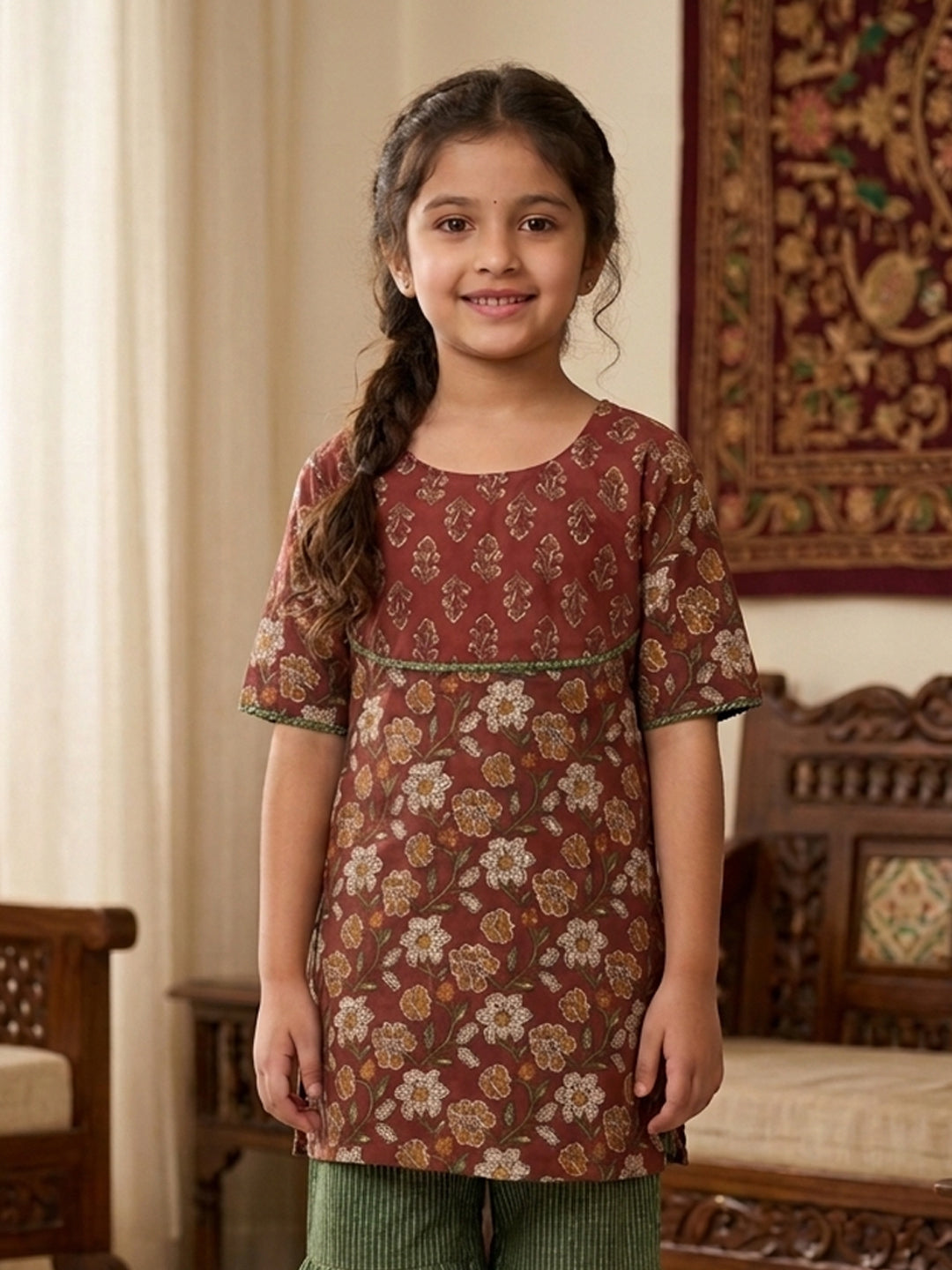 Brown Floral printed 3/4 sleeves Kurti with Green sharara
