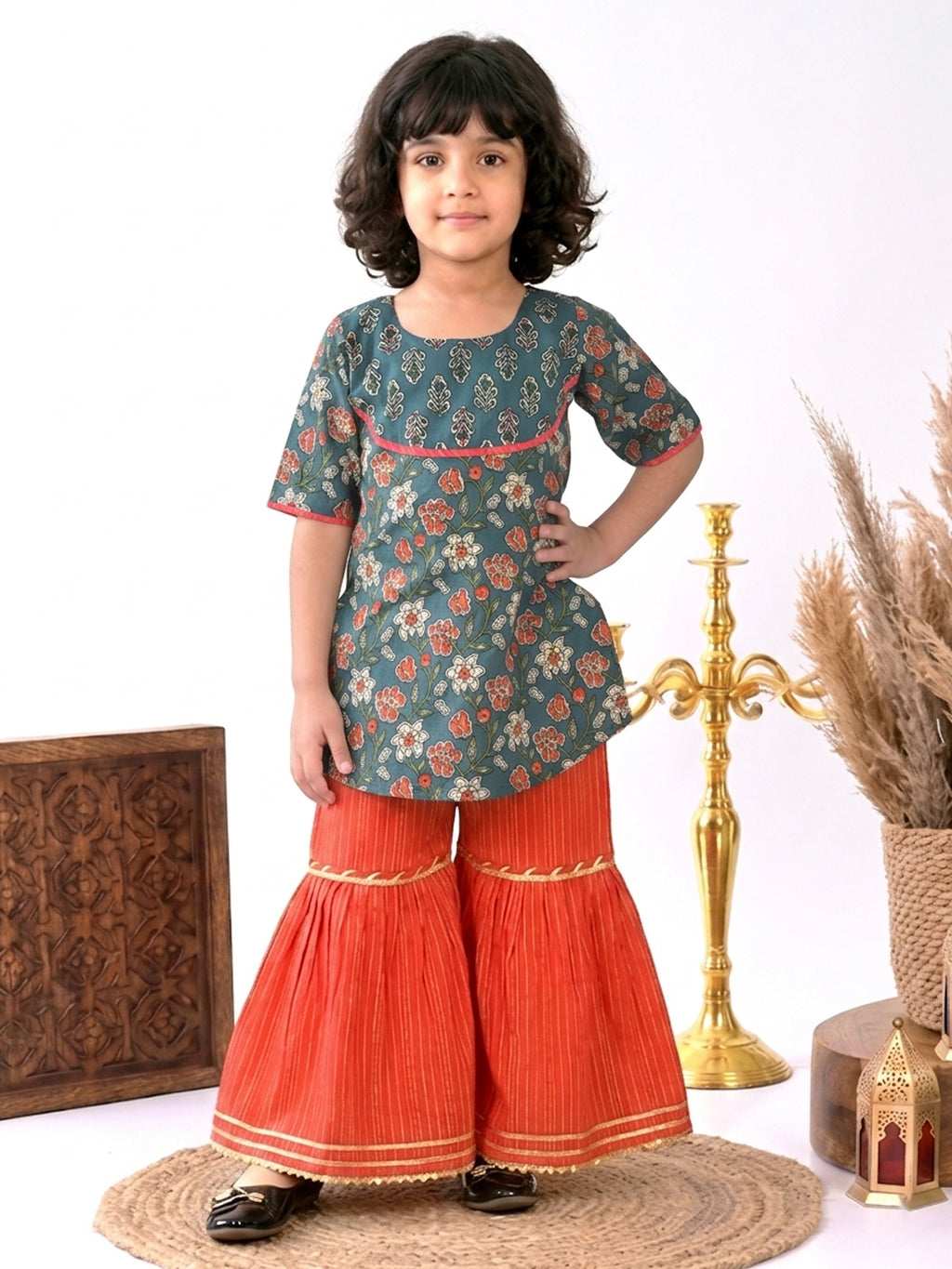 Blue Floral printed 3/4 sleeves Kurti with Red sharara