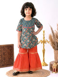 Blue Floral printed 3/4 sleeves Kurti with Red sharara