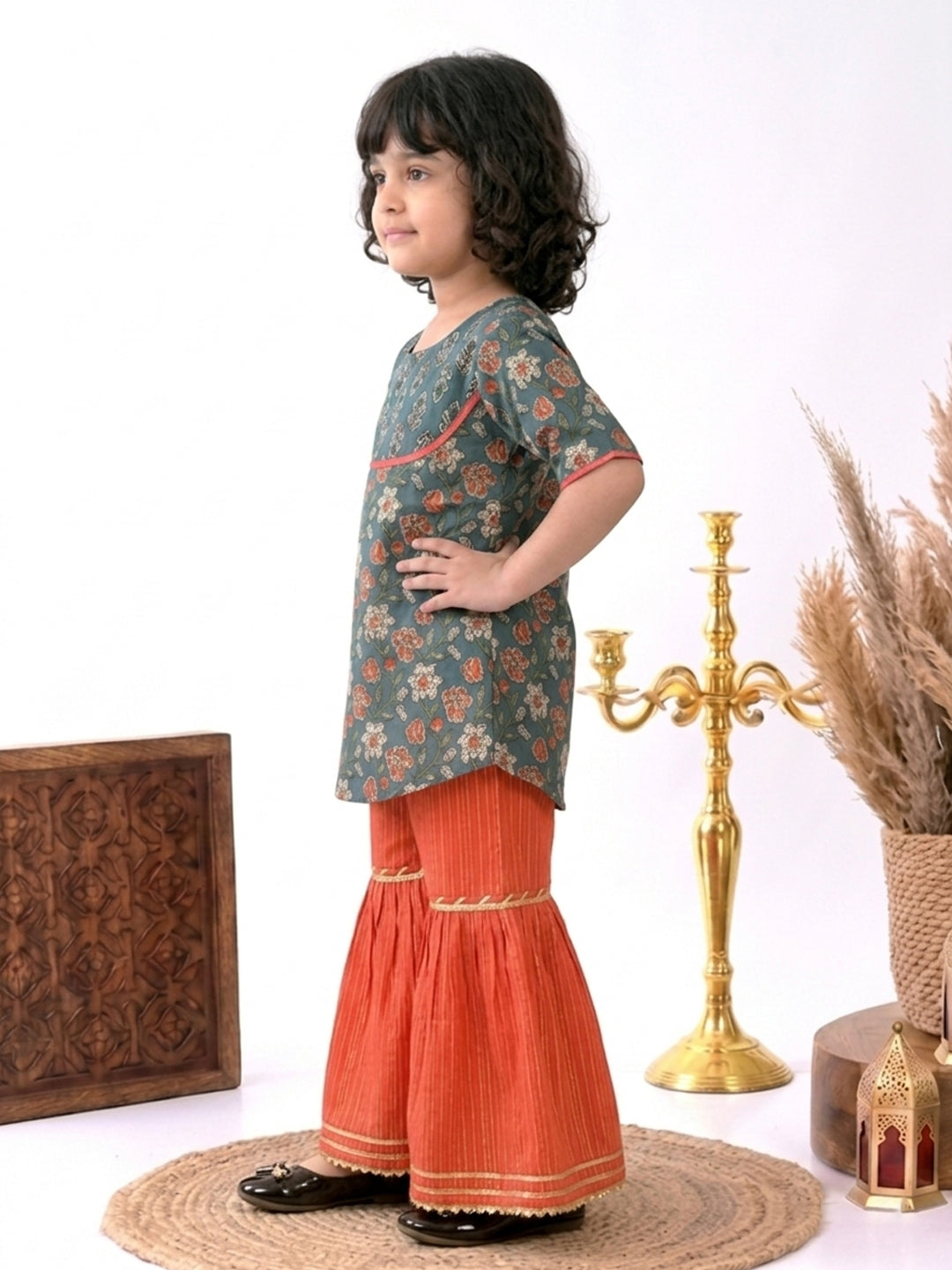 Blue Floral printed 3/4 sleeves Kurti with Red sharara