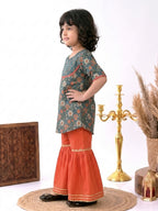 Blue Floral printed 3/4 sleeves Kurti with Red sharara