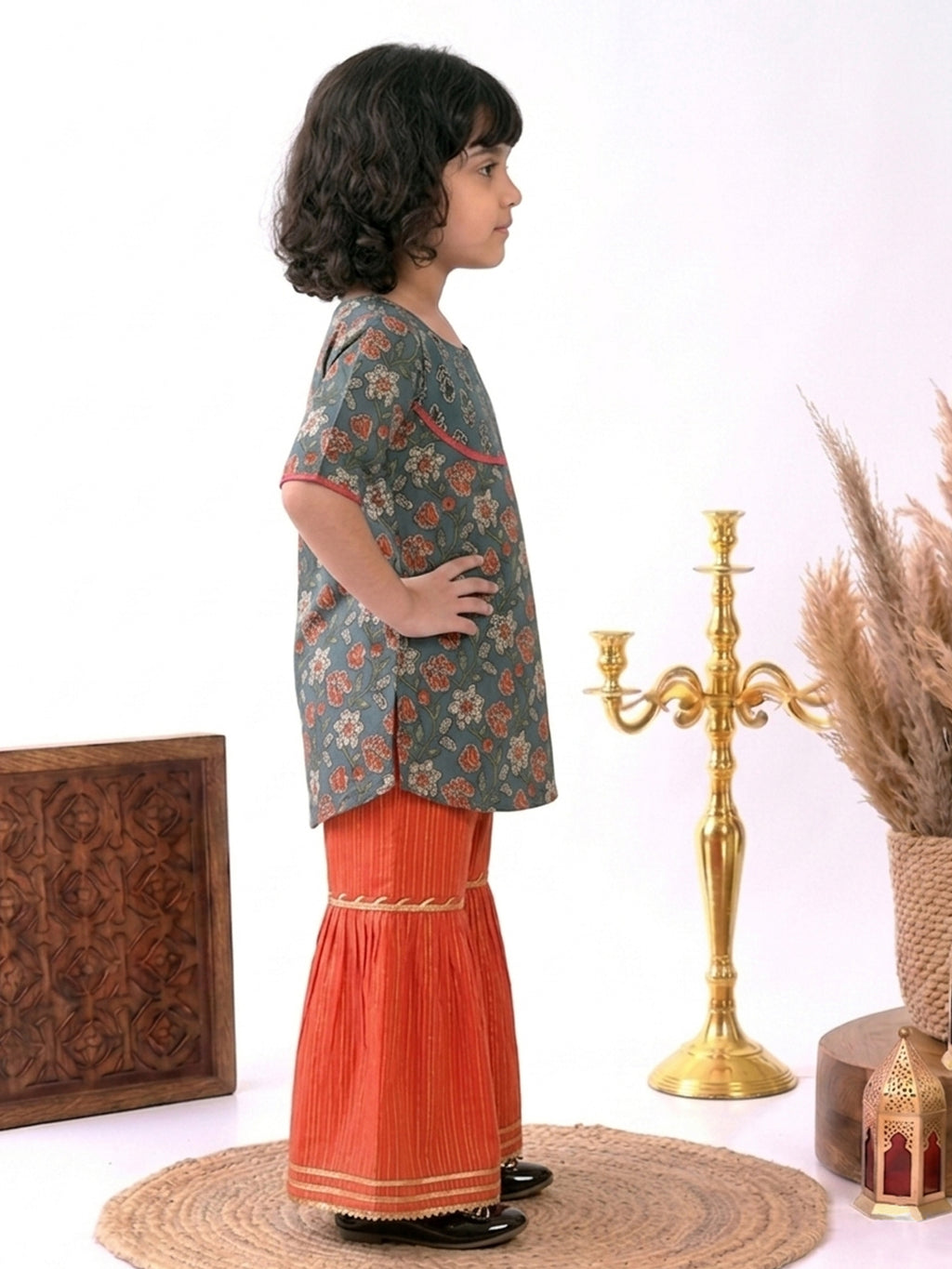Blue Floral printed 3/4 sleeves Kurti with Red sharara