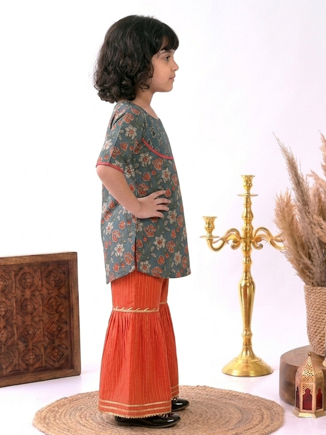 Blue Floral printed 3/4 sleeves Kurti with Red sharara
