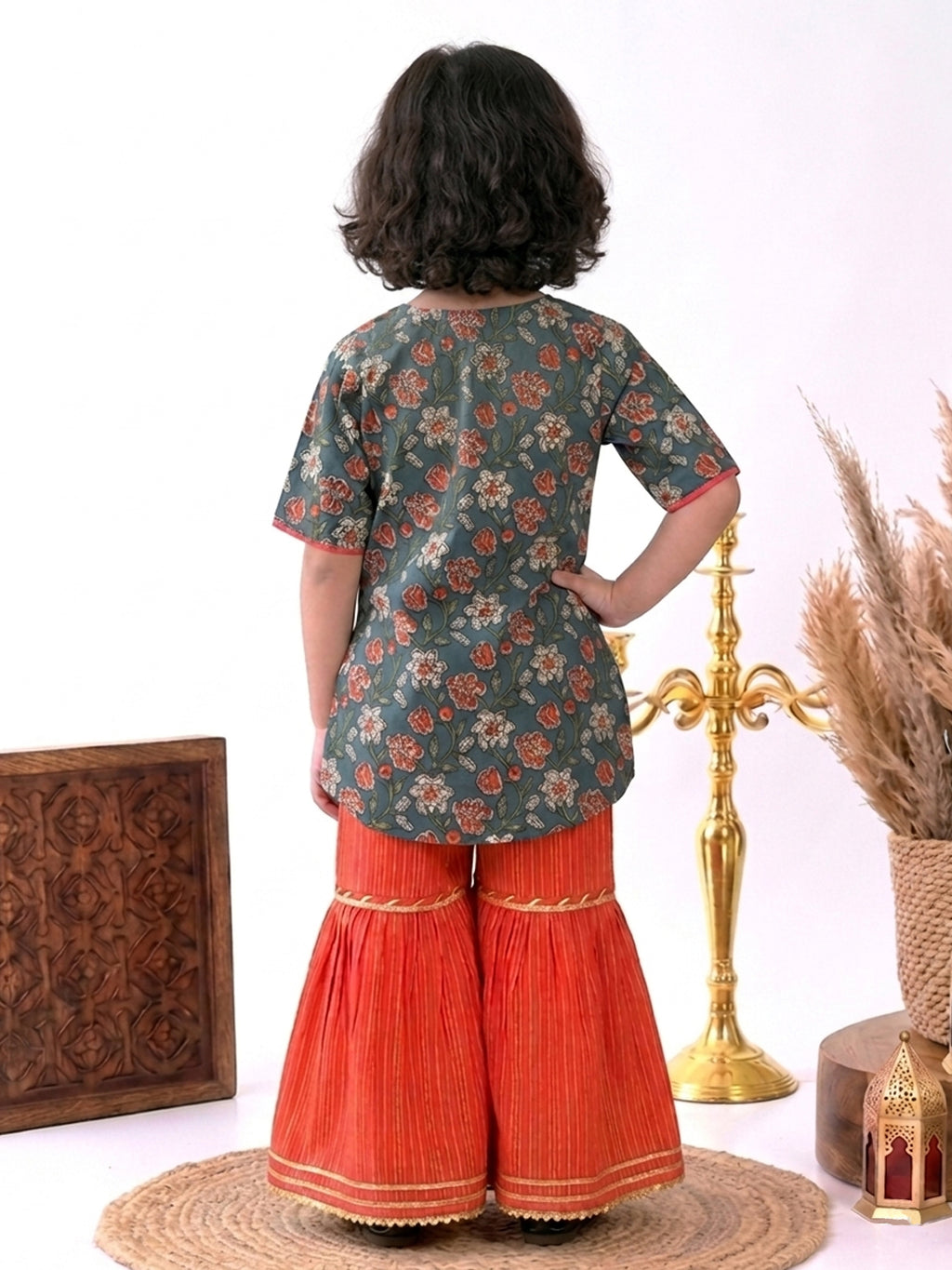 Blue Floral printed 3/4 sleeves Kurti with Red sharara