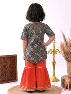 Blue Floral printed 3/4 sleeves Kurti with Red sharara