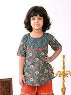 Blue Floral printed 3/4 sleeves Kurti with Red sharara